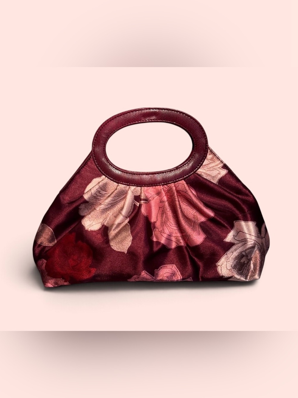Elegant Floral Satin Handbag in Burgundy